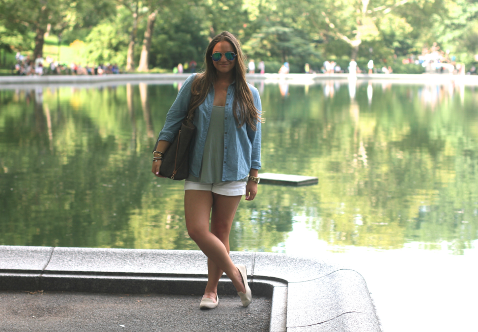 Nordstrom Rack Chambray Top, Abercrombie White Shorts, Louis Vuitton Neverfull | Missy On Madison