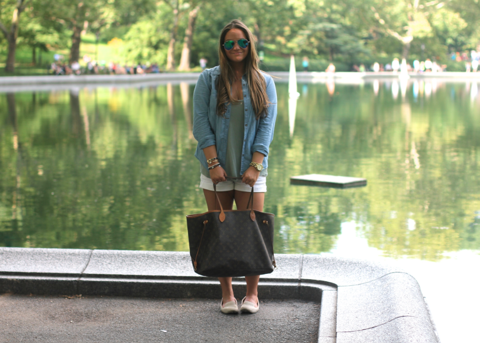 Nordstrom Rack Chambray Top, Abercrombie White Shorts, Louis Vuitton  Neverfull