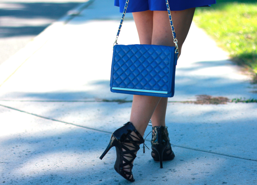 Orange Blouse, Cobalt Blue Skater Skirt, Quilted Blue Bag | Missy On ...