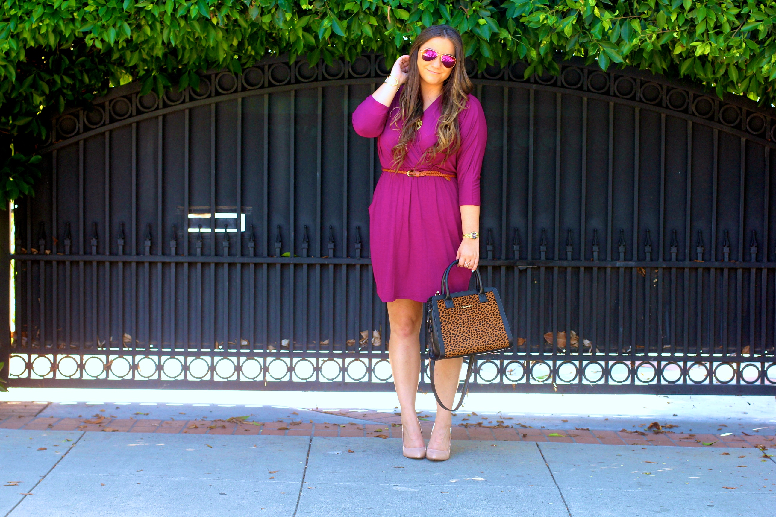 missyonmadison, melissa tierney, fashion blog, fashion blogger, style blog, style blogger, shoot the moon la, violet wrap dress, plum wrap dress, vera bradley, vera bradley leopard satchel, leopard satchel, nude pumps, nude pointed toe pumps, dsw, mirrored aviators, red aviators, baublebar monogram necklace, wrap dress, long sleeve wrap dress, holiday style, what to wear for the holidays, how to dress for work, la blogger, violet wrap dress,