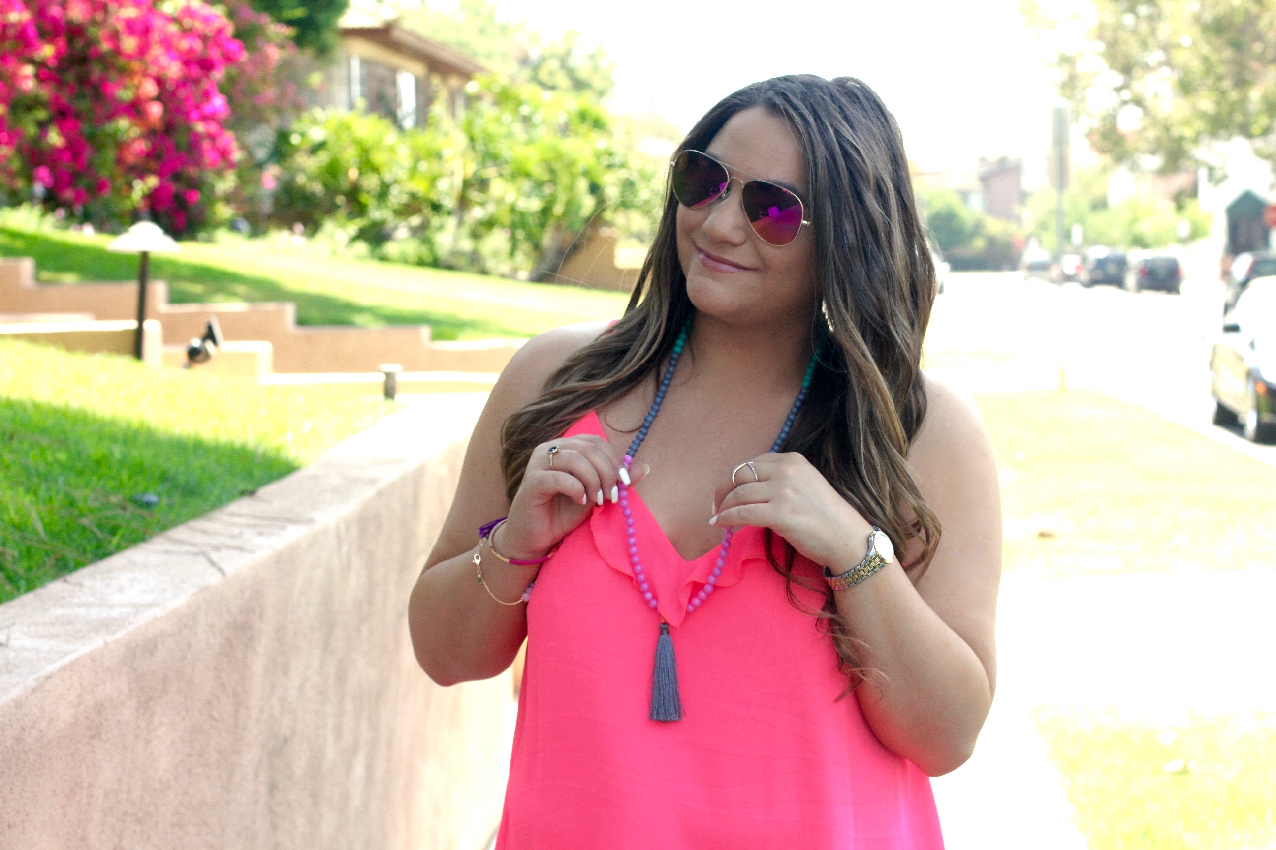 missyonmadison, melissa tierney, la blogger, la style, fashion blogger, style blogger, hot pink camisole, hot pink chiffon camisole, nordstrom rack, nordstrom rack hot pink camisole, old navy, old navy white rockstar jeans, white skinny jeans, how to style neon for summer, how to style white jeans for summer, beaded tassel necklace, shira melody jewelry, nicole lee, nicole lee satchel, white top handle satchel, gray suede pointed toe pumps, gray pumps, summer style, pink mirrored aviators, pink aviators, pink sunglasses,