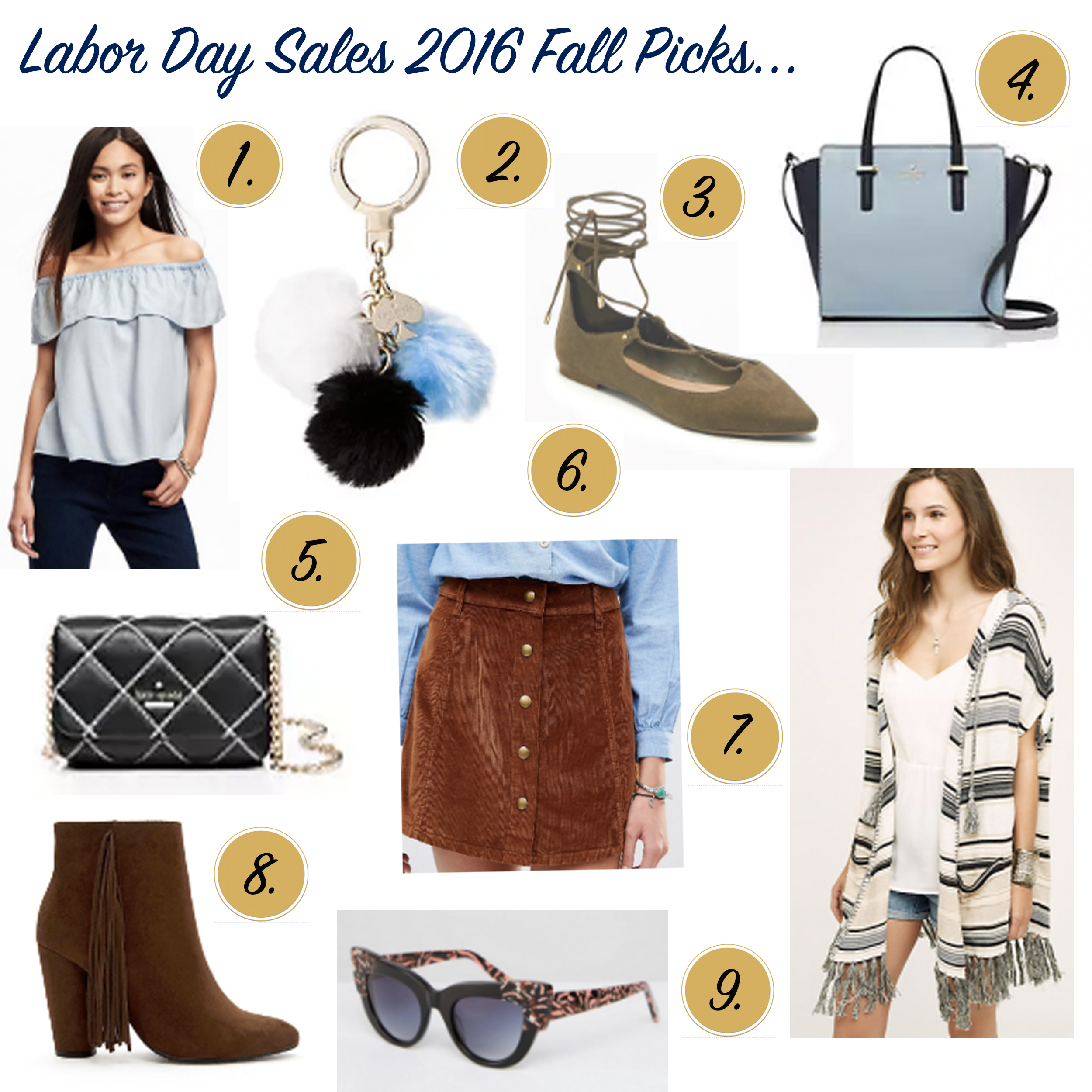 labor day sales 2016, labor day sales, fall style, la blogger, missyonmadison, melissa tierney, missy on madison, kate spade labor day sale, kate spade, anthropologie sale, anthropologie labor day sale, asos labor day sale, asos sale, forever 21 sale, forever 21 labor day sale, black quilted bag, button front skirt, asos sunglasses, old navy, ols navy cold shoulder top, old navy labor day sale, lace up flats, pom pom key chain, old navy flats, style blogger, style guide, fall style guide, fashion blogger,