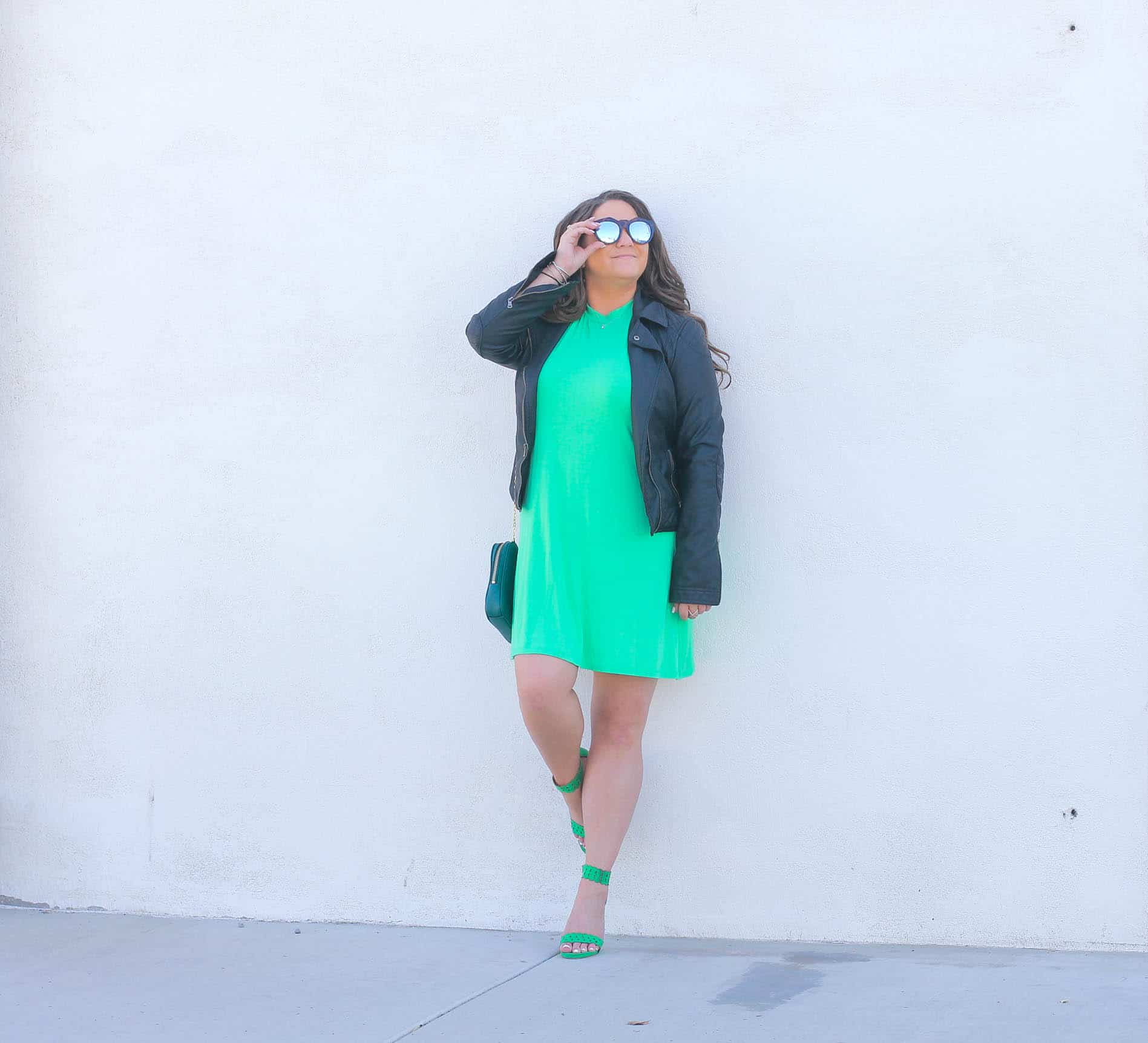 la blogger, style blogger, fashion blogger, missyonmadison, missyonmadison blog, missyonmadison instagram, melissa tierney, st patricks day, st patricks day 2018, green dress, what to wear for st patricks day, green look, bloglovin, green heels, green handbag, green outfit, moto jacket, faux leather moto jacket,