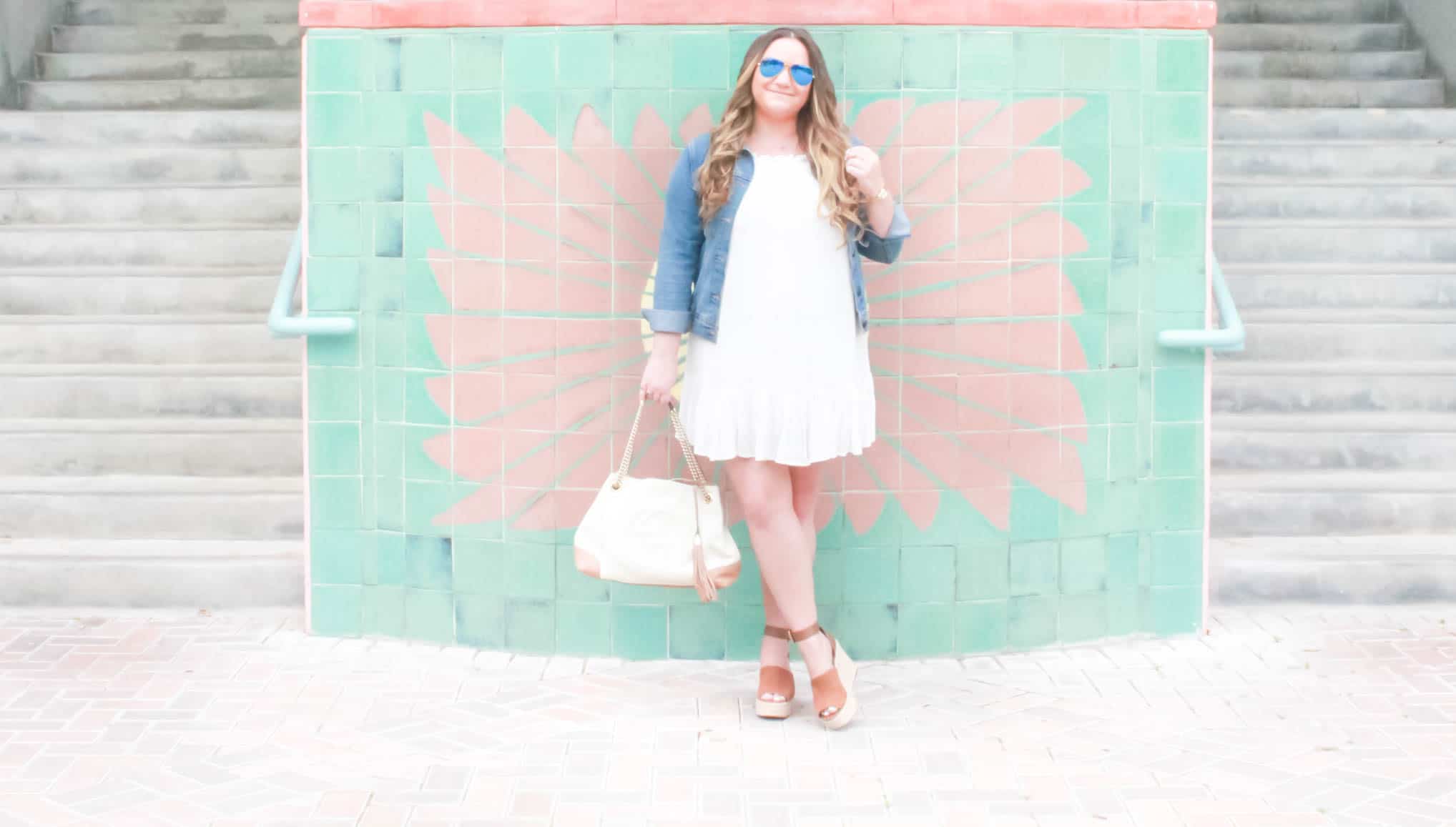 missyonmadison, gucci soho tote, fashion inspo, outfit inspo, missyonmadison blog, missyonmadison instagram, melissa tierney, fashion blog, fashion blogger,style blog, style blogger, gucci, gucci white soho tote, raybans, old navy denim jacket,white tart collections dress, tart collections liz dress, marc fischer shoes, tan platform wedges, summer style, spring style, summer 2018 style, la blogger,