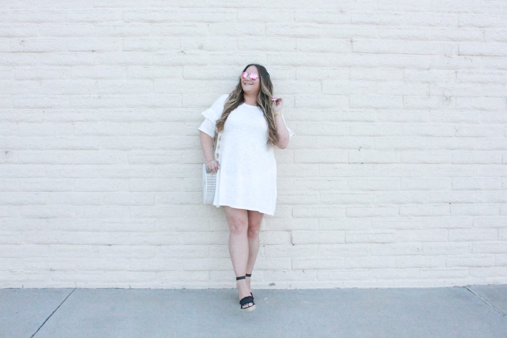 white ruffle dress, white cotton dress, white short sleeve dress, black ankle strap wedges, white round cult gaia bag, white cult gaia bag, bloglovin, wiw, whatiwore, ootd, shop dress up, diff eyewear, pink aviators, balayage hair, hair extensions, melissa tierney, la blogger, fashion blogger, how to style white for fall, how to wear white after labor day, white dresses for fall, la style, style blogger, 
