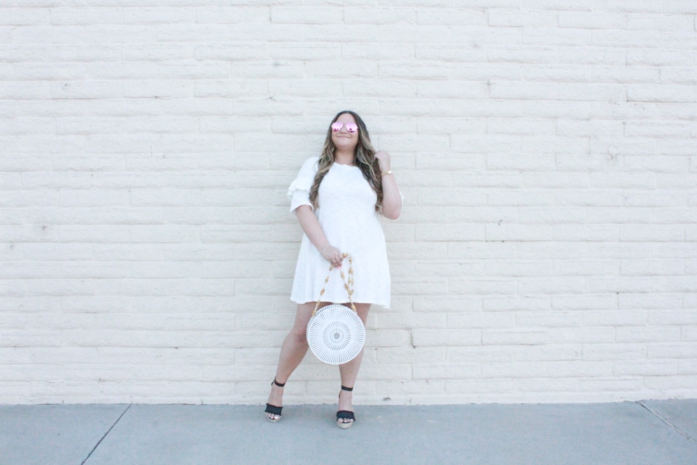white ruffle dress, white cotton dress, white short sleeve dress, black ankle strap wedges, white round cult gaia bag, white cult gaia bag, bloglovin, wiw, whatiwore, ootd, shop dress up, diff eyewear, pink aviators, balayage hair, hair extensions, melissa tierney, la blogger, fashion blogger, how to style white for fall, how to wear white after labor day, white dresses for fall, la style, style blogger,