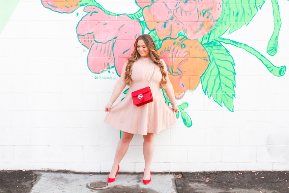 valentines day, valentines day look, valentines day outfit inspo, thoughts on valentines day, relationships on valentines day, single on valentnes day, red suede shoes, red gucci bag, nude scuba dress, nude fit and flare dress, outfit inspo, style inspo, ootd, melissa tierney, melissa tierney blog, missyonmadison instagram,