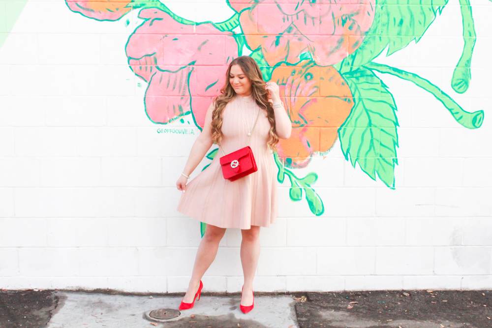 valentines day, valentines day look, valentines day outfit inspo, thoughts on valentines day, relationships on valentines day, single on valentnes day, red suede shoes, red gucci bag, nude scuba dress, nude fit and flare dress, outfit inspo, style inspo, ootd, melissa tierney, melissa tierney blog, missyonmadison instagram, 