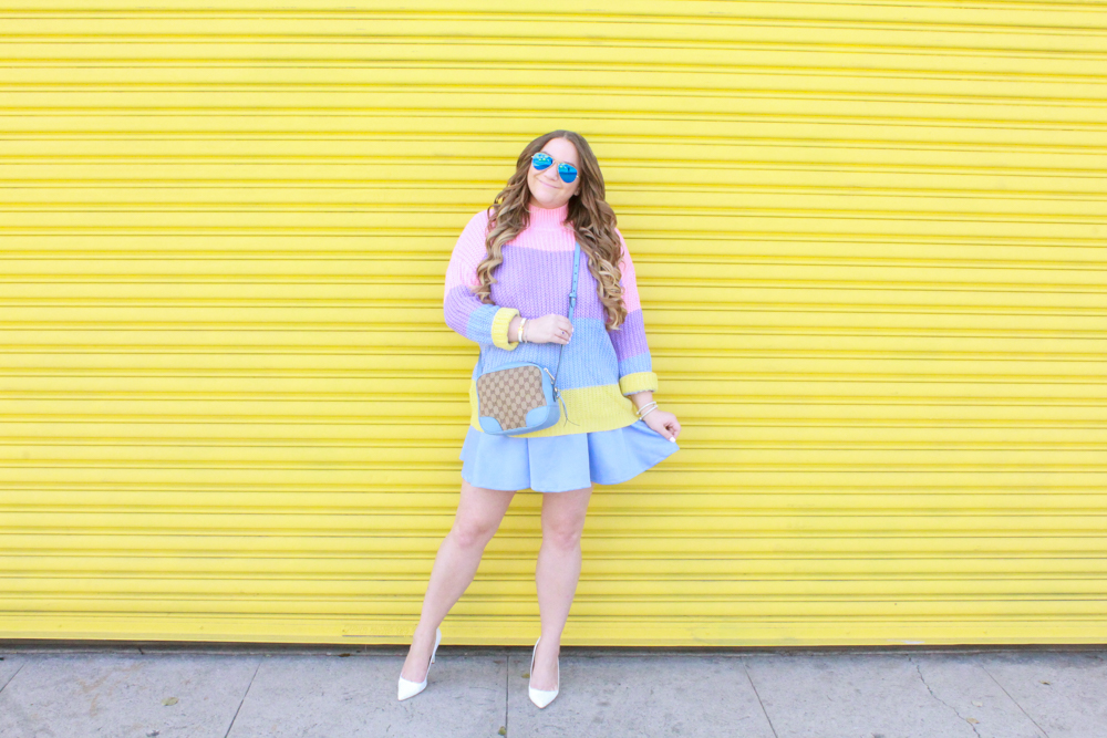 missyonmadison, missyonmadison blog, la blogger, missyonmadison instagram, style blog, style blogger, fashion blog, fashion blogger, easter outfit, easter outfit ideas, easter style inspo, rainbow striped sweater, pastel sweater, rainbow striped pastel sweater, blue skater skirt, baby blue skater skirt, white pointed toe pumps, white pumps, outfit blogger, outfit ideas, gucci camera bag, raybans, blue gucci bag,