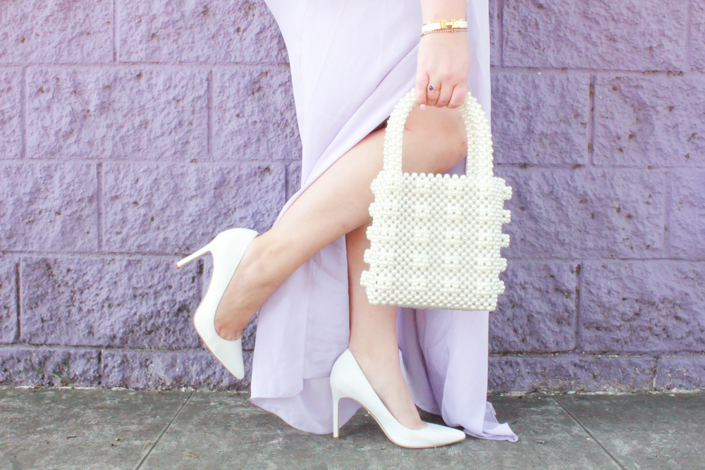 missyonmadison, missyonmadison blog, la blogger, pearl tote bag, pearl handbag, spring style, easter dress, purple maxi dress, wayf clothing, wayf maxi dress nordstrom, wayf clothing nordstrom, wayf dress, white pumps, white heels, white pointed toe pumps, fashion blogger, style inspo, ootd, outfit inspo, outfit blogger, easter outfit ideas,