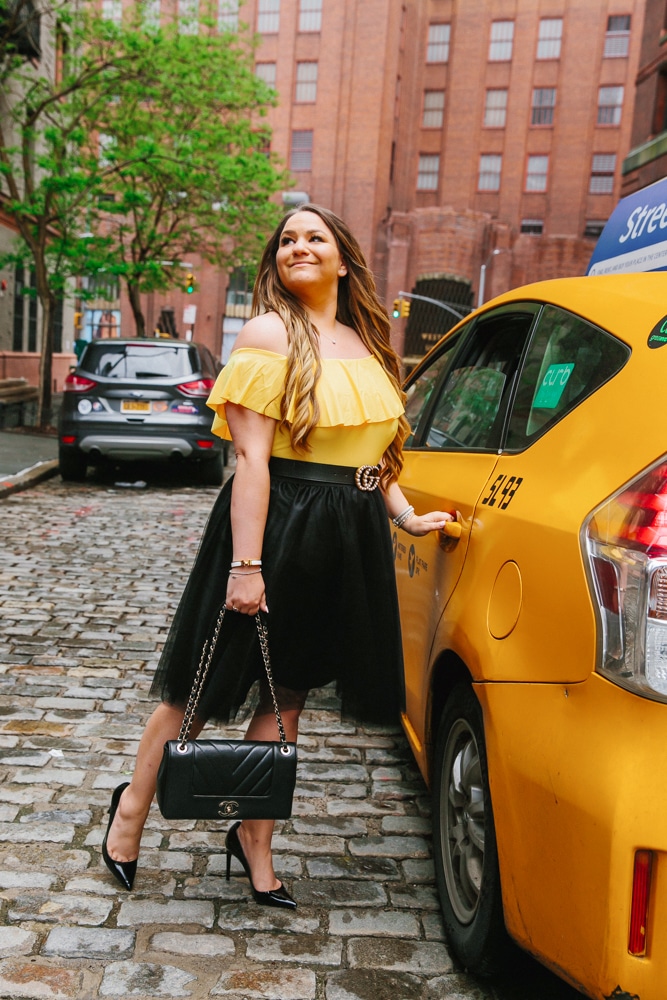 missyonmadison, missyonmadison blogger, missyonmadison instagram, la blogger, melissa tierney, melissa tierney instagram, fashion blogger, fashion blog, ny street style, nyc style, style blog, style blogger, outfit inspo, outfit ideas, ootd, black pumps, black tulle skirt, black chanel flap bag, chanel bag, yellow bodysuit, taxi cab photoshoot, nyc photography, 